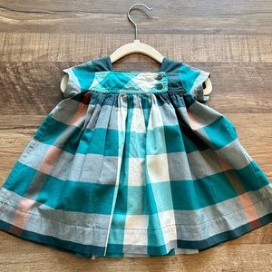 BURBERRY Paisley Check Cap-Sleeve Shift Dress, Pewter Blue Size 6 months